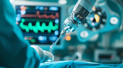 Close-up of advanced robotic surgery technology assisting in a medical procedure with vital signs monitor in background.