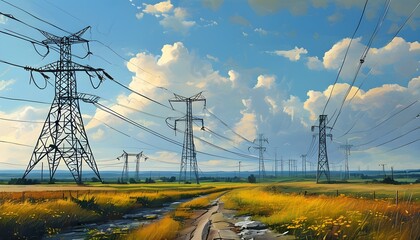 Wall Mural - Dynamic industrial skyline showcasing high voltage power lines and the vibrant energy of electricity generation