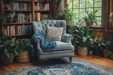 Canvas Print - Cozy Reading Nook with Blue Armchair and Plants