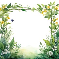 Wall Mural - Elegant Watercolor Spring Greenery Frame. Botanical Border with Lush Leaves and Foliage. Copy space. Blank, empty space for text, design. Calm, peaceful, beautiful and aesthetic atmosphere