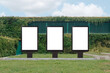 © Kandl Studio - Vertical mock up template: 3 out of home (OOH) advertising billboard posters on grass, against background of lush plant wall of building. Bright day, blue sky with clouds. Transparent png file.