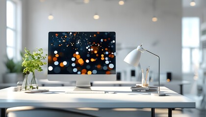 Wall Mural - Dreamy bokeh effects illuminating a contemporary office space infused with innovative technology