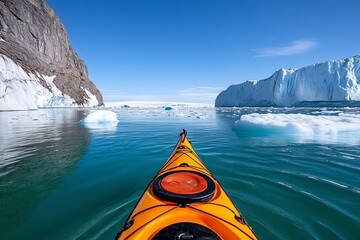 A kayak weaving through floating icebergs, navigating the serene, frigid waters with towering ice formations on all sides