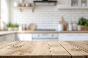 Kitchen wood table top for product display with photo blurred modern interior. Wooden tabletop over defocused kitchen background. kitchen furniture and desk space. product promotion in the kitchen