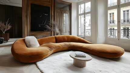 Wall Mural - A stylish, modern living room featuring a unique curved sofa and a small coffee table.