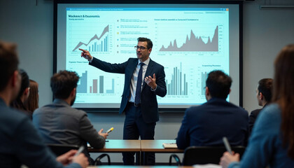 An experienced professor delivers an engaging economy lesson in a well-lit classroom with students focused on data charts and graphs.






