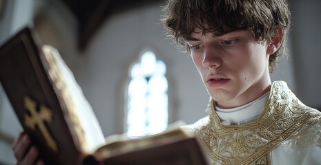 Young priest in ornate vestments holds an open Bible in a sunlit church interior with stained glass window