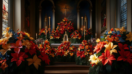 A vibrant altar adorned with colorful flowers in a serene, sacred space.