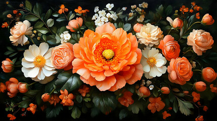 Wall Mural - A vibrant arrangement of orange and white flowers against a dark background.