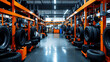 © Nattawaw bbt - The interior of a busy tire store garage, where mechanics are using advanced tire alignment machines, with rows of tires