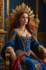 Wall Mural - Renaissance-style painting portrait of a queen in royal attire sitting on the throne, Generative AI	