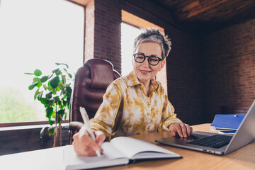 Wall Mural - Photo of pretty senior female writing notebook video call meeting wear formalwear coworking successful nice light office