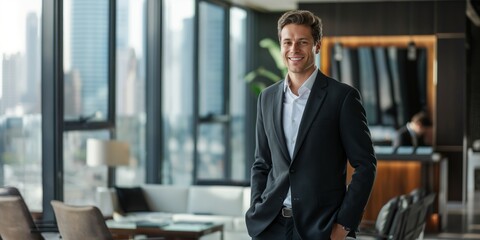 Wall Mural - A cheerful businessman in a suit standing confidently in a modern office, exuding elegance and professionalism.