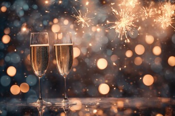 Two Glasses of Champagne with Sparkling Background