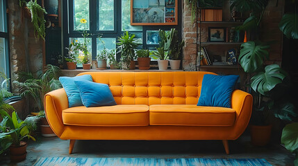 Wall Mural - A vibrant orange couch surrounded by lush plants in a cozy, stylish living space.