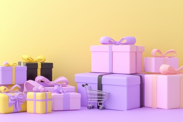 Wall Mural - Pile of lavender and yellow gift boxes on pastel background