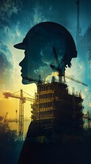 An engineer wearing a helmet standing in front of a construction site with a double exposure effect, in a silhouette collage style