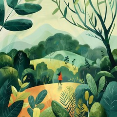 Canvas Print - Woman Walking Through a Forest Illustration