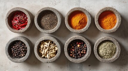 Gourmet spices arranged in stone bowls, capturing the essence of global culinary traditions and flavorful exploration