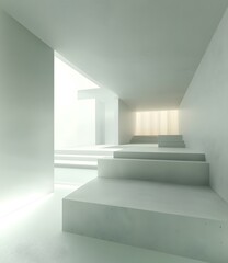 Modern Minimalist White Room Interior Design With Steps And Light