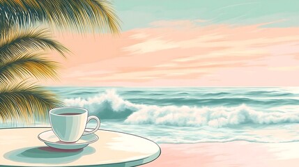 Coffee on Beach Table with Palm Tree and Ocean View