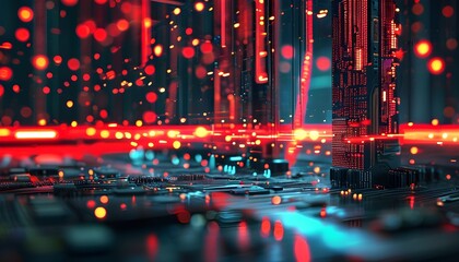 Wall Mural - Illuminated Circuit Board with Red Highlights Showcasing Advanced Technology and Microchips in a Futuristic Night Setting