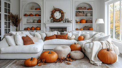 Wall Mural - Cozy autumn living room decorated with pumpkins and warm textiles.