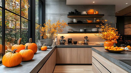 Wall Mural - Cozy autumn kitchen with pumpkins and warm decor.