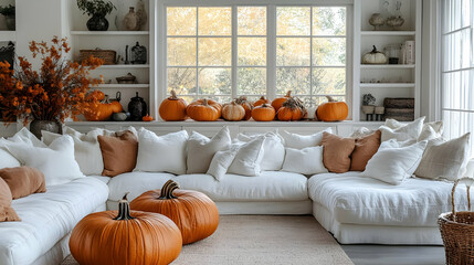 Wall Mural - Cozy autumn living room with pumpkins and warm decor.