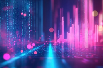 Wall Mural - A digital background with a glowing arrow pointing up and a stock market chart in dark blue, purple, and pink colors.