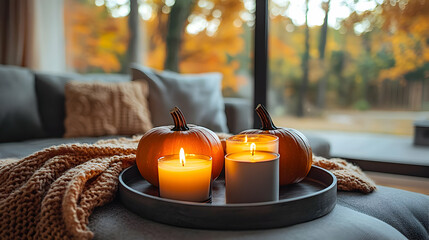 Wall Mural - Cozy autumn scene with pumpkins and candles on a tray, creating a warm atmosphere.