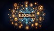 © Mert - The image shows a digital illustration of a blockchain concept, with the word 'BLOCKCHAIN' in bold in the center. Surrounding it are various cryptocurrency and security symbols, all connected by glowi