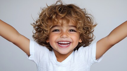 a joyful child with curly hair smiles brightly, embodying happiness and innocence in a playful pose,
