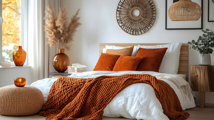 Wall Mural - Cozy bedroom featuring warm tones, decorative elements, and a serene atmosphere.