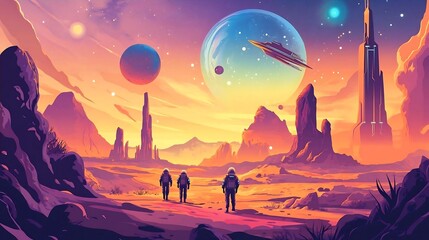 Wall Mural - Astronauts Exploring Alien Planet with Futuristic City and Spaceship