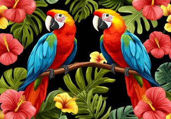 Two Macaws Perched on a Branch Amidst Tropical Leaves and Flowers