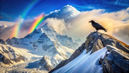 Raven perched on the snowy peak of Mount Everest with a vibrant rainbow in the background , wildlife, bird, raven, Everest