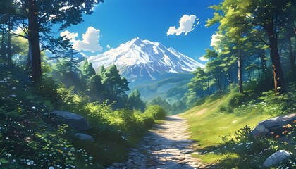 Wall Mural - Serene anime forest pathway guiding towards snow-capped mountain beneath a clear blue sky in a peaceful natural landscape