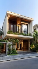 Modern Two Story House with Wooden Accents and Landscaping