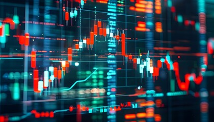 Wall Mural - Dynamic 3D Financial Chart with Growing Candlesticks on Digital Forex Market Screen During Nighttime, Emphasizing Investing and Stock Market Concepts