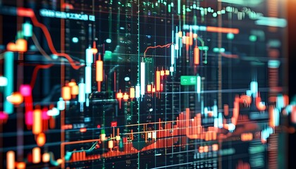 Wall Mural - Dynamic 3D Financial Chart with Growing Candlesticks on Digital Forex Market Screen During Nighttime, Emphasizing Investing and Stock Market Concepts