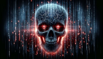 The image shows a digital skull with a rain of binary code, symbolizing the concept of cyber threats or digital decay. The combination of the skull and binary code highlights the dangers of the digita