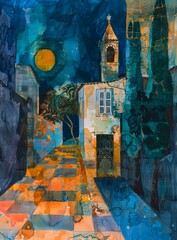 Wall Mural - Abstract Watercolor Painting Of An Old City With A Bell Tower And Moon