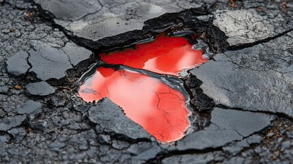 Sticker - A Pool of Red Liquid in a Cracked Asphalt Surface