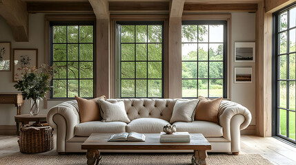 Wall Mural - Cozy living room with a sofa, natural light, and views of greenery through large windows.