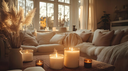 Wall Mural - Cozy living room with candles and soft decor, creating a warm and inviting atmosphere.