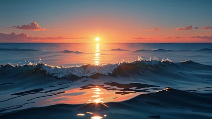 Calm ocean waves reflecting a fiery sunset.