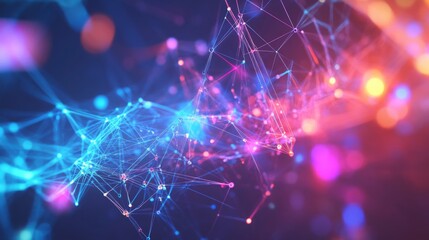 Leinwandbilder - A vibrant network of interconnected data nodes, abstract geometric shapes and flowing light trails forming a dynamic digital background