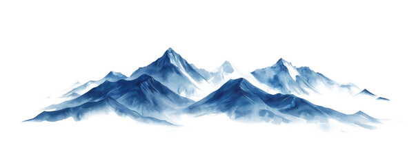 watercolor-style painting of serene mountain peaks, shrouded in mist, with soft blue tones evoking a