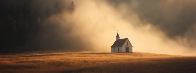 Wall Mural - Panoramic image of a small church in a meadow at sunriset.